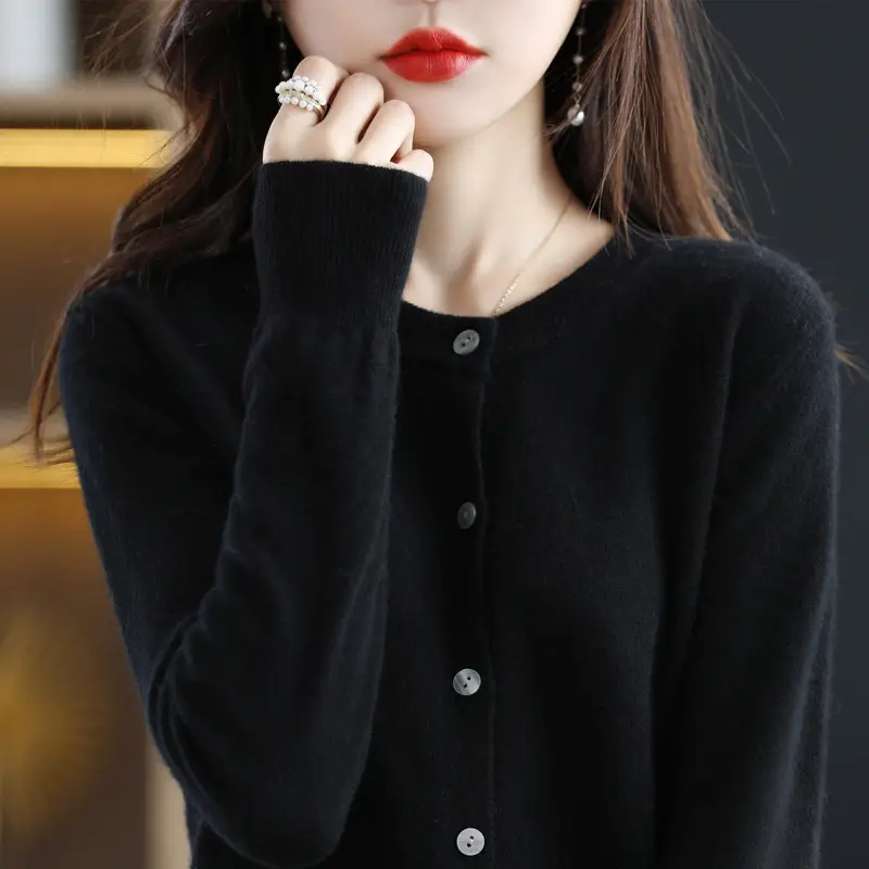Women's Blue Knitted Cardigan Long Sleeve Round Neck