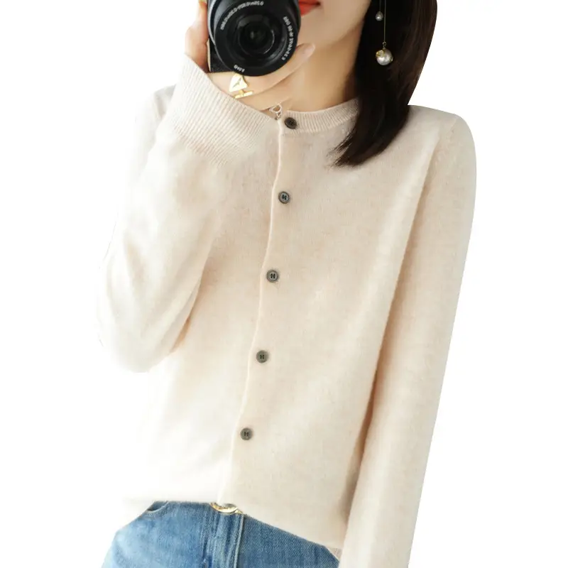 Women's Blue Knitted Cardigan Long Sleeve Round Neck