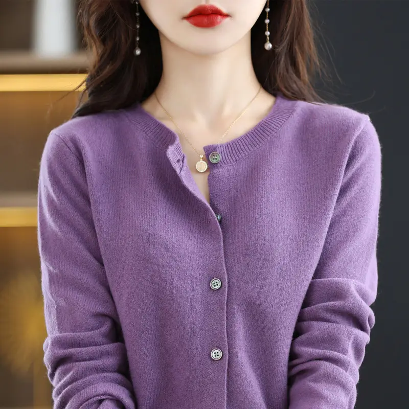 Women's Blue Knitted Cardigan Long Sleeve Round Neck