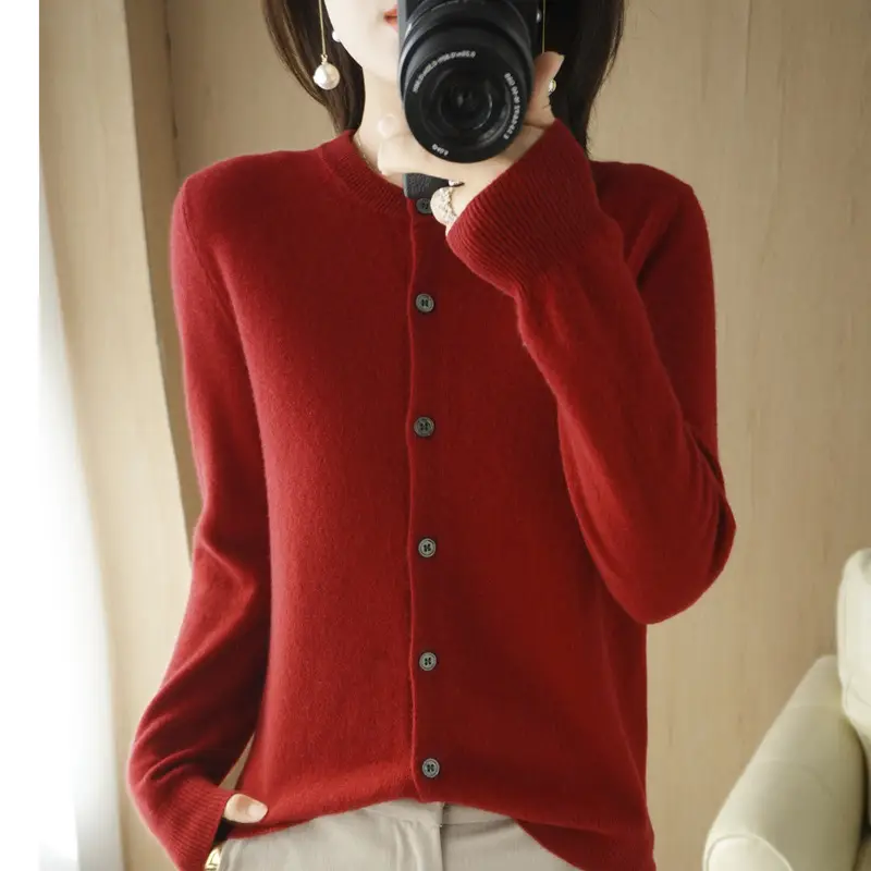 Women's Blue Knitted Cardigan Long Sleeve Round Neck