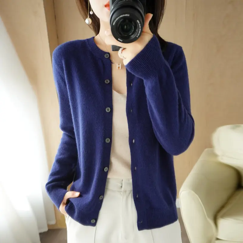 Women's Blue Knitted Cardigan Long Sleeve Round Neck
