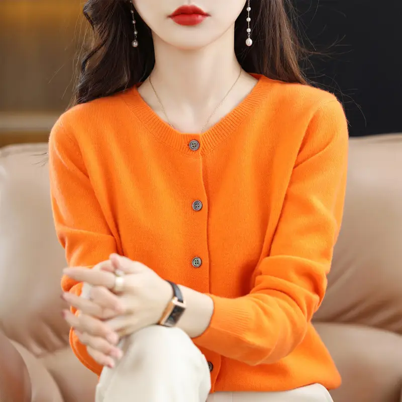 Women's Blue Knitted Cardigan Long Sleeve Round Neck