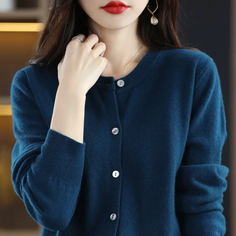 Women's Blue Knitted Cardigan Long Sleeve Round Neck