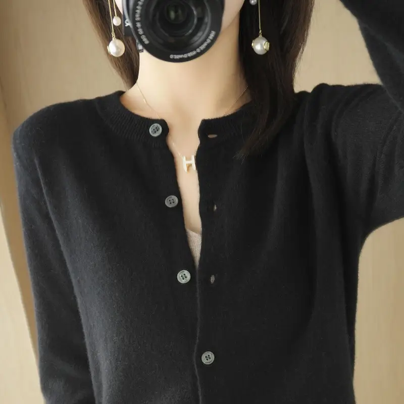 Women's Blue Knitted Cardigan Long Sleeve Round Neck