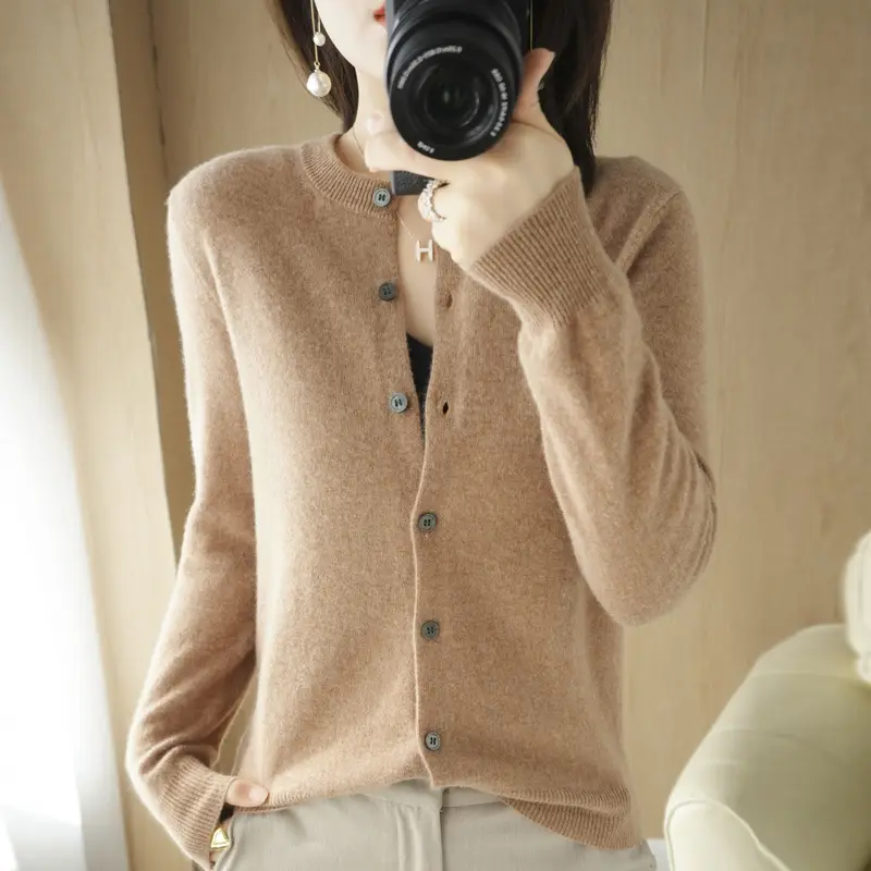 Women's Blue Knitted Cardigan Long Sleeve Round Neck