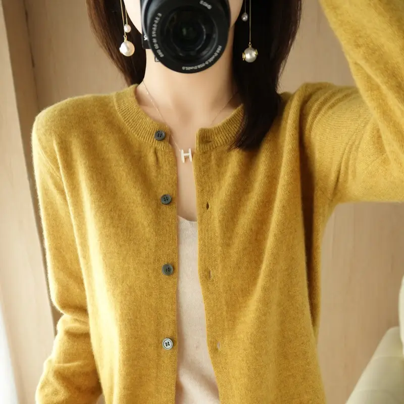 Women's Blue Knitted Cardigan Long Sleeve Round Neck