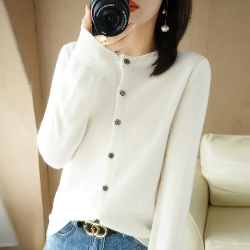 Women's Blue Knitted Cardigan Long Sleeve Round Neck