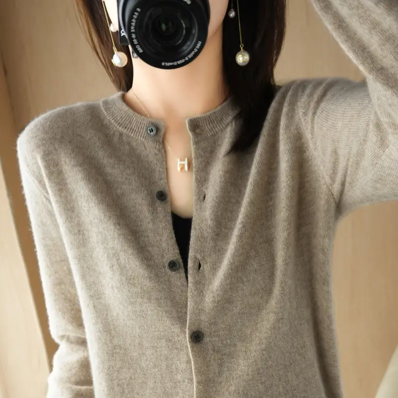 Women's Blue Knitted Cardigan Long Sleeve Round Neck