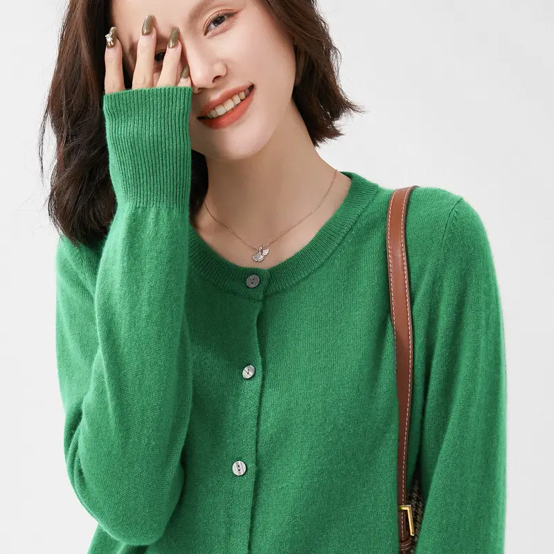 Women's Blue Knitted Cardigan Long Sleeve Round Neck