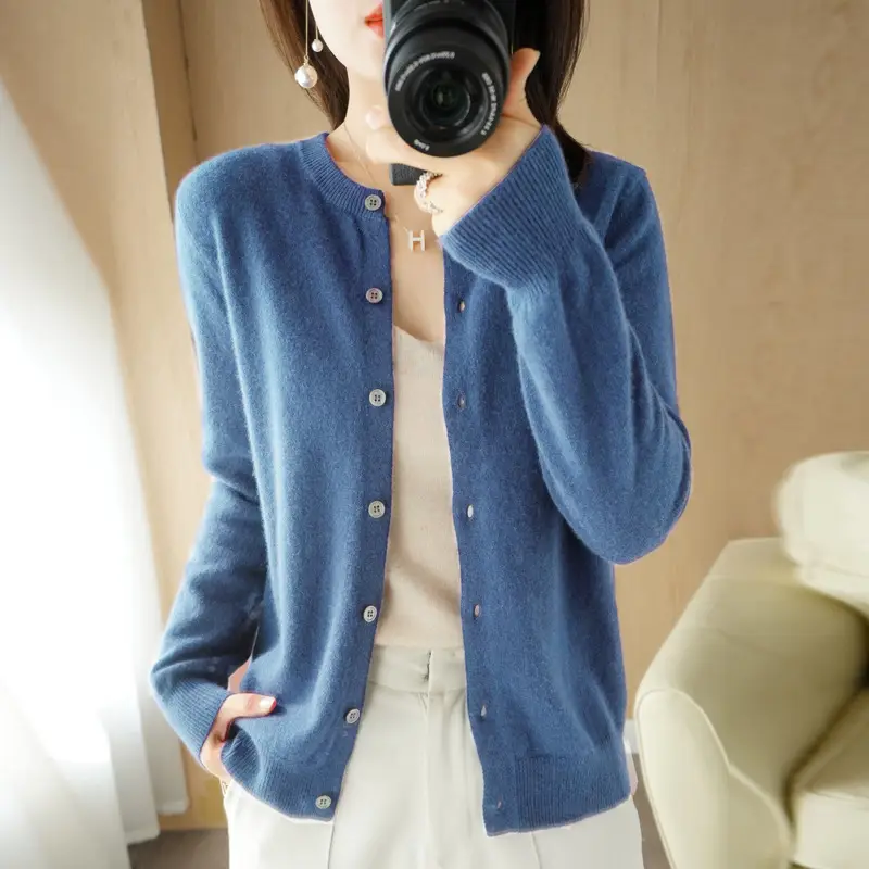 Women's Blue Knitted Cardigan Long Sleeve Round Neck