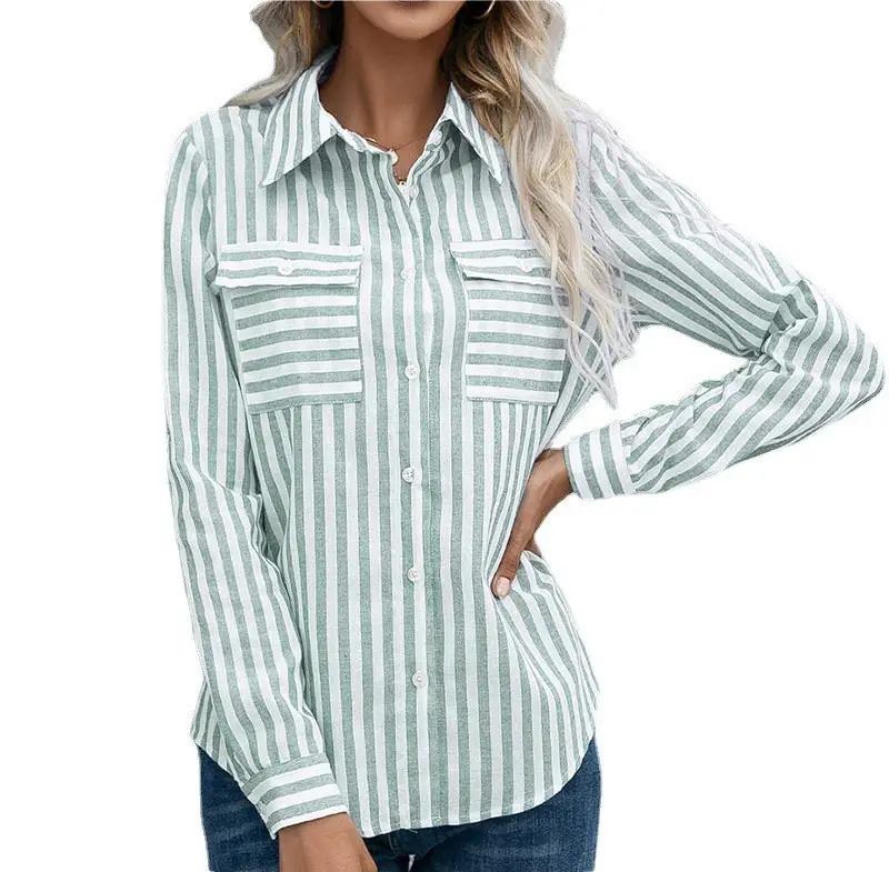 Women Striped Long Sleeve Shirt Green White 2026 - Image 6