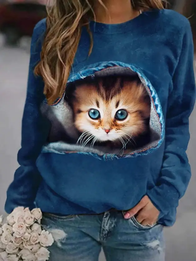 2023 Cat Printed Sweatshirt for Women Black Round Neck - Image 17