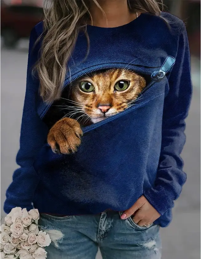 2023 Cat Printed Sweatshirt for Women Black Round Neck - Image 18