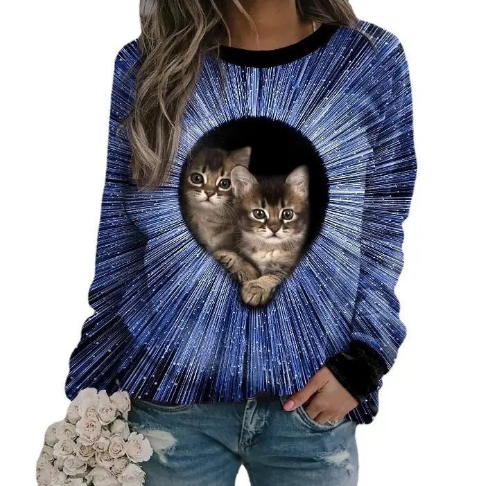 2023 Cat Printed Sweatshirt for Women Black Round Neck - Image 20