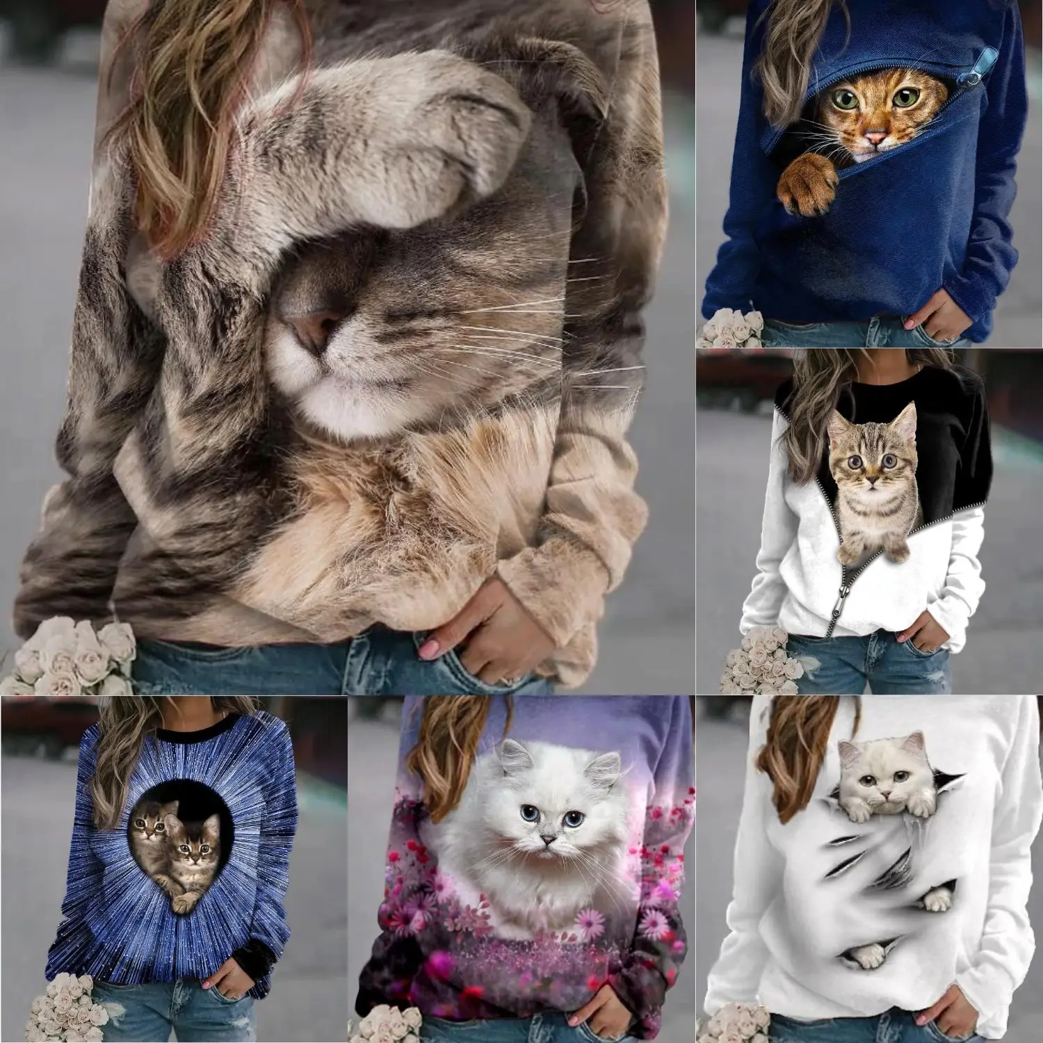 2023 Cat Printed Sweatshirt for Women Black Round Neck — feature 34