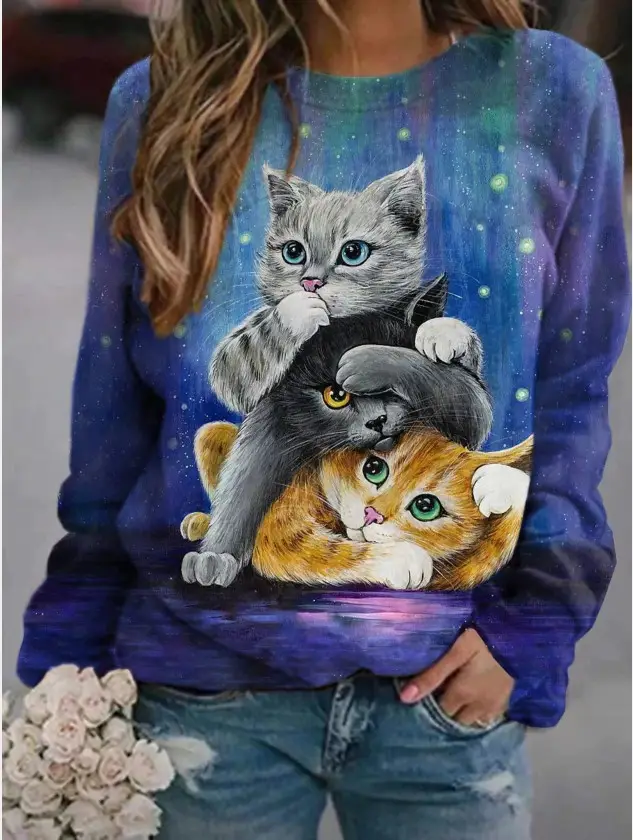 2023 Cat Printed Sweatshirt for Women Black Round Neck - Image 10
