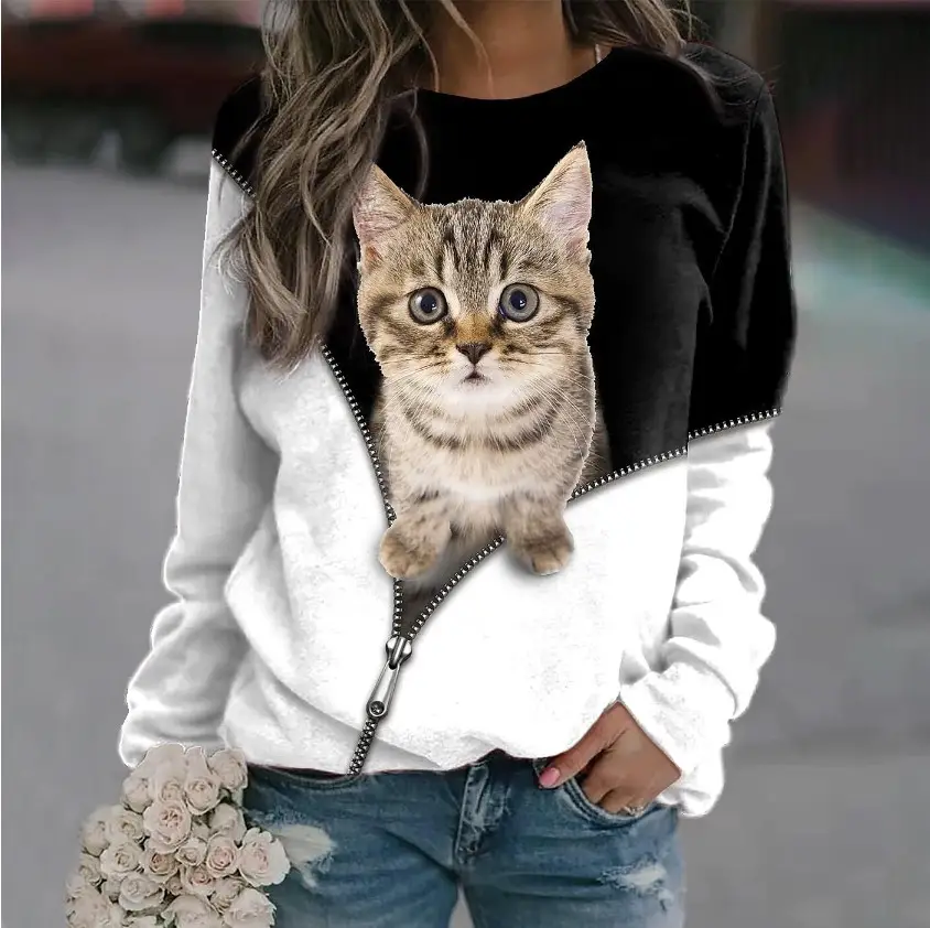 2023 Cat Printed Sweatshirt for Women Black Round Neck - Image 13