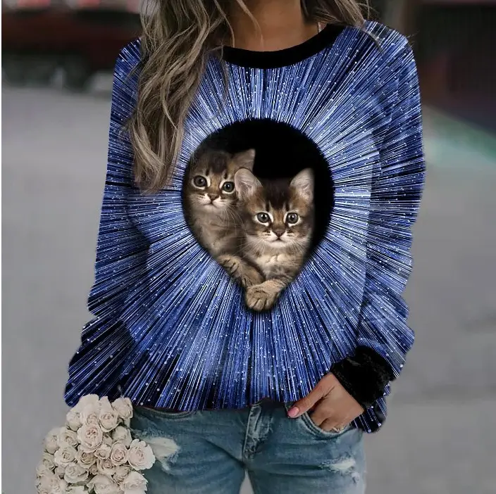 2023 Cat Printed Sweatshirt for Women Black Round Neck - Image 14