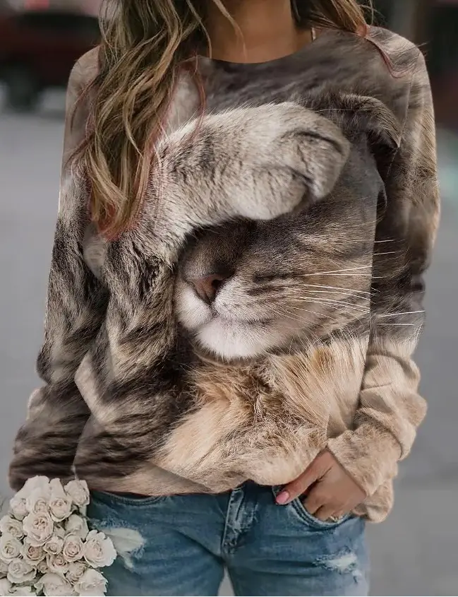 2023 Cat Printed Sweatshirt for Women Black Round Neck - Image 15