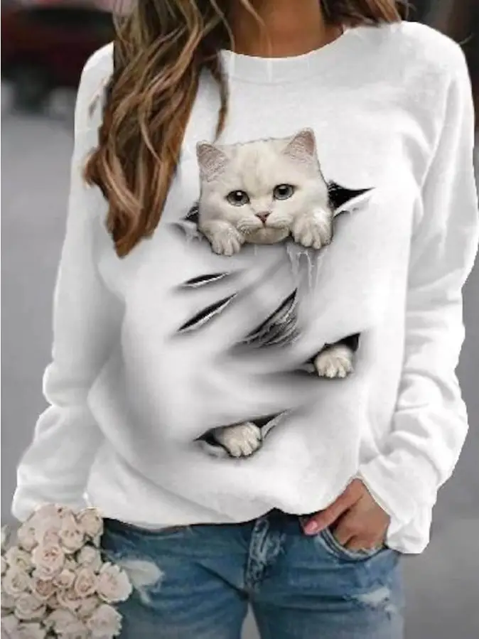 2023 Cat Printed Sweatshirt for Women Black Round Neck - Image 2