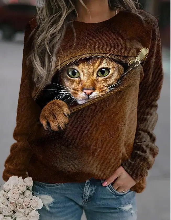 2023 Cat Printed Sweatshirt for Women Black Round Neck - Image 3