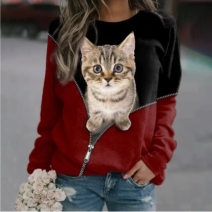 2023 Cat Printed Sweatshirt for Women Black Round Neck - Image 4