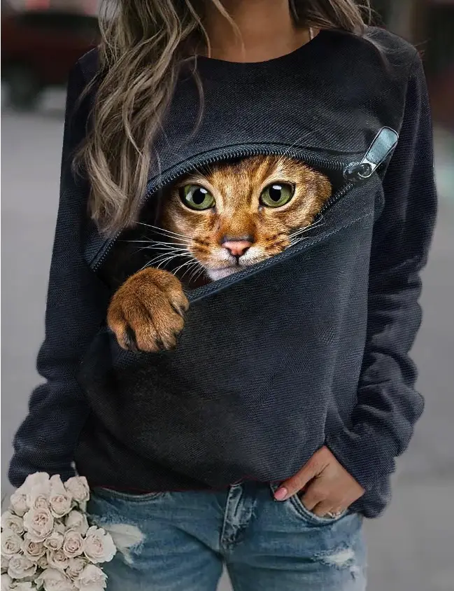 2023 Cat Printed Sweatshirt for Women Black Round Neck - Image 5