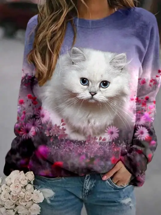 2023 Cat Printed Sweatshirt for Women Black Round Neck - Image 6