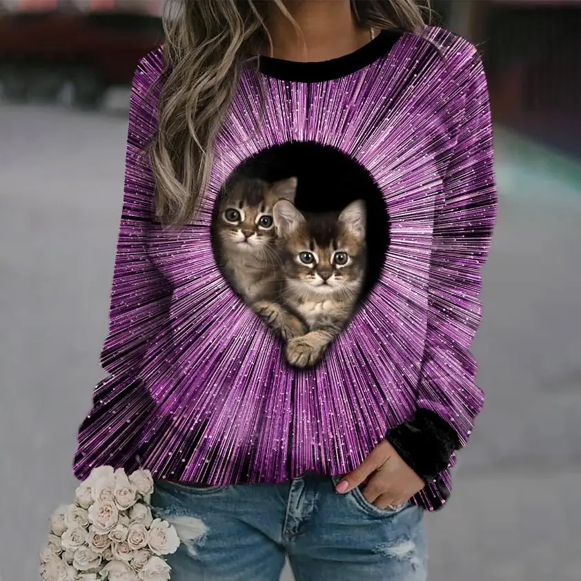 2023 Cat Printed Sweatshirt for Women Black Round Neck - Image 7