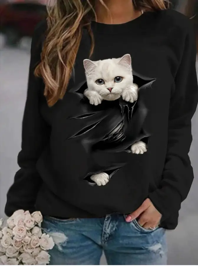 2023 Cat Printed Sweatshirt for Women Black Round Neck - Image 8