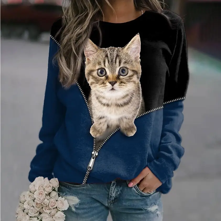 2023 Cat Printed Sweatshirt for Women Black Round Neck - Image 9