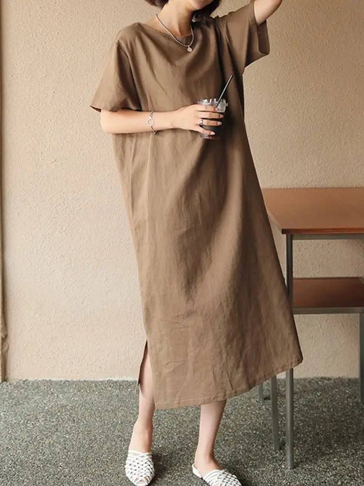 Women Cotton Linen Long Dress Pink Loose Fit Casual