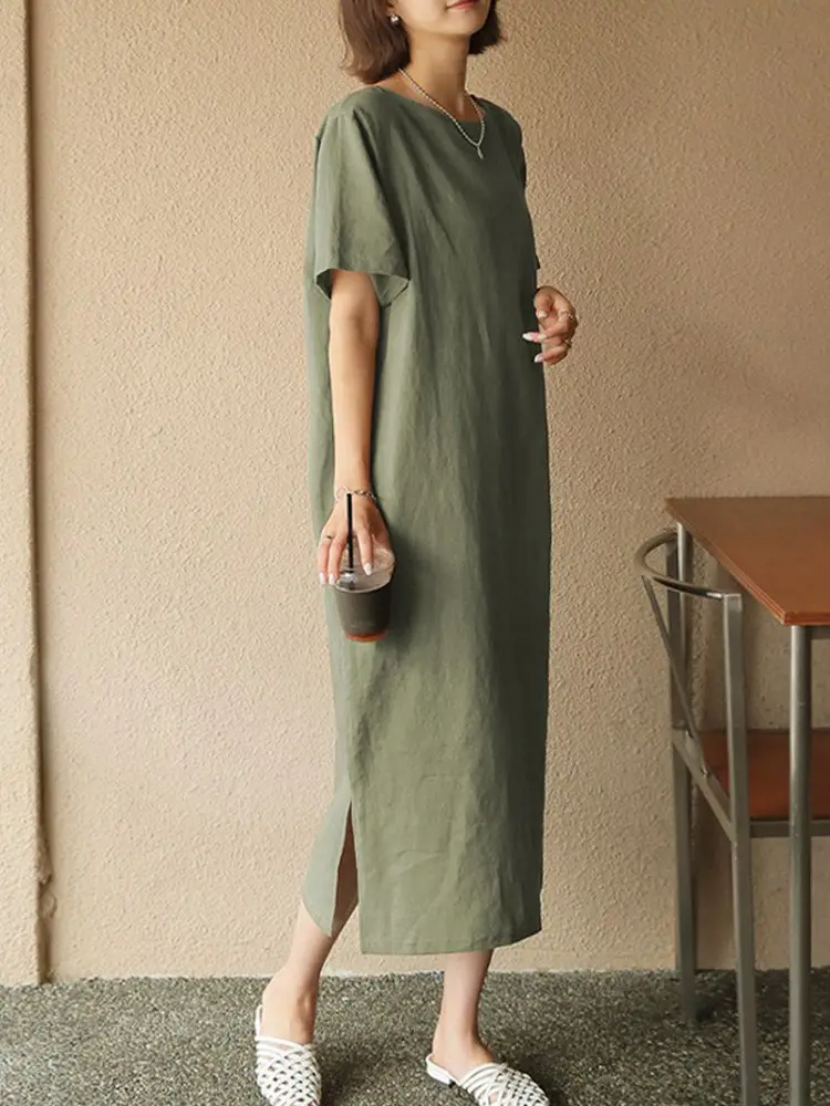 Women Cotton Linen Long Dress Pink Loose Fit Casual