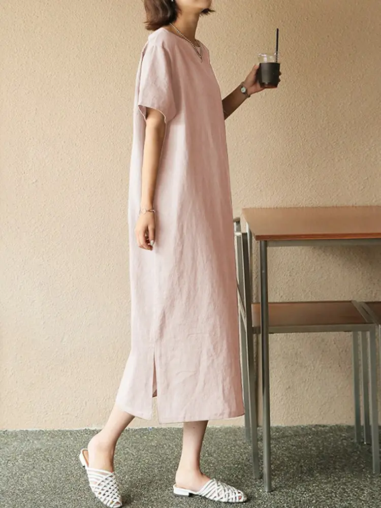 Women Cotton Linen Long Dress Pink Loose Fit Casual