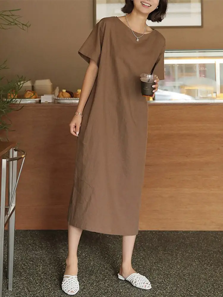 Women Cotton Linen Long Dress Pink Loose Fit Casual