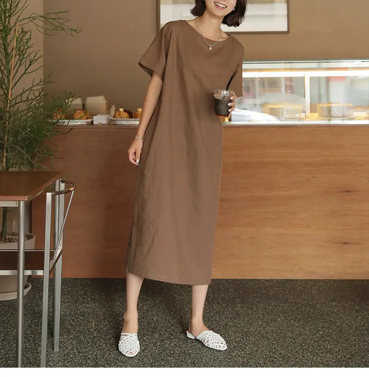 Women Cotton Linen Long Dress Pink Loose Fit Casual — feature 1