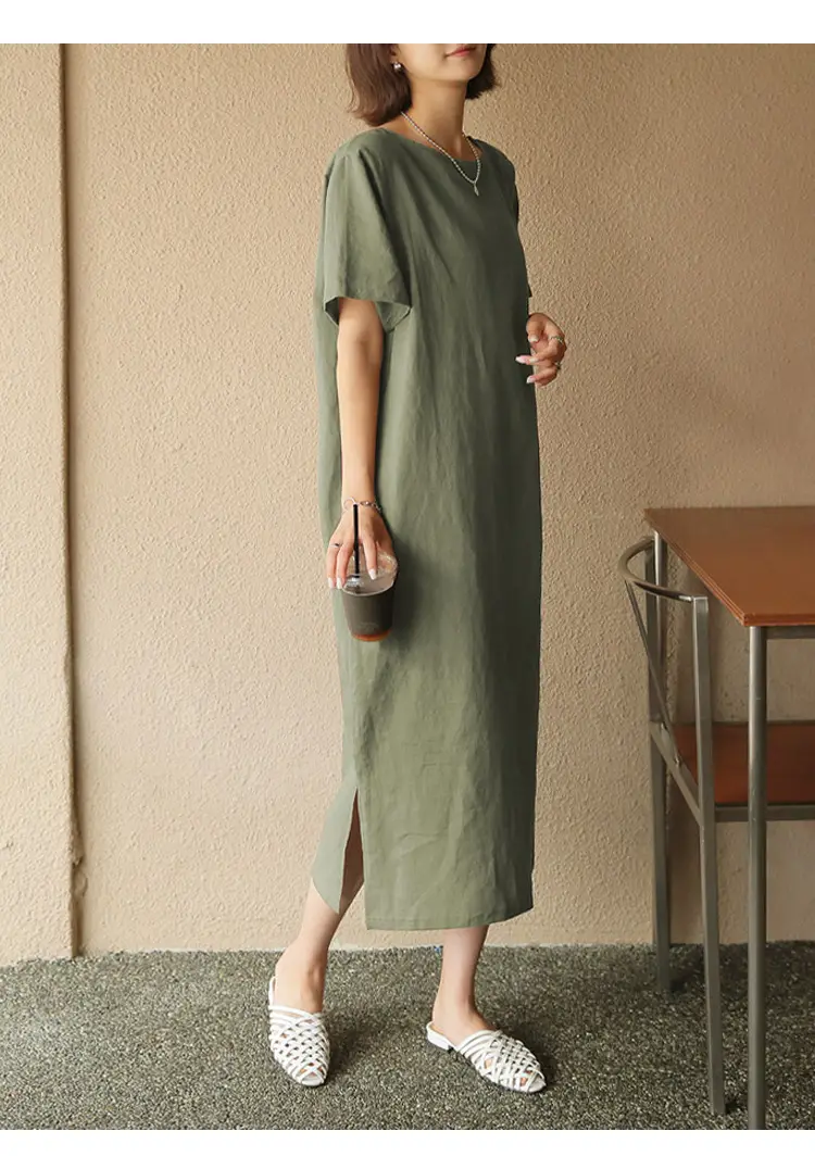 Women Cotton Linen Long Dress Pink Loose Fit Casual — feature 14