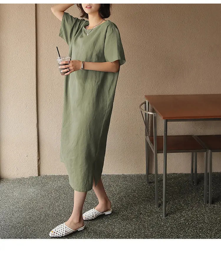 Women Cotton Linen Long Dress Pink Loose Fit Casual — feature 15