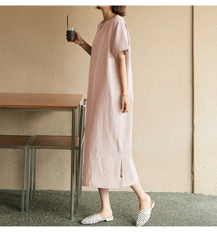 Women Cotton Linen Long Dress Pink Loose Fit Casual — feature 19