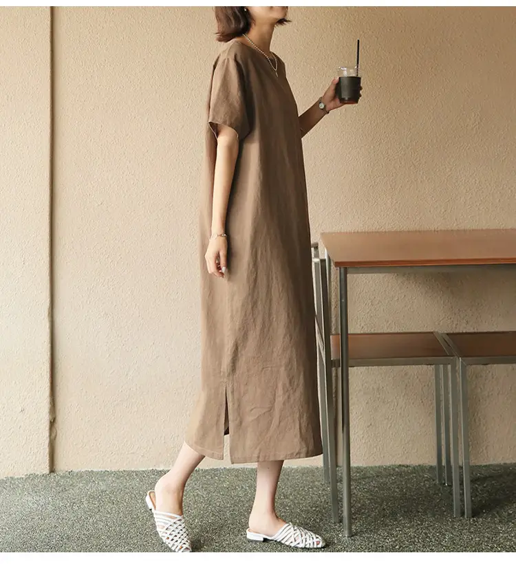 Women Cotton Linen Long Dress Pink Loose Fit Casual — feature 5