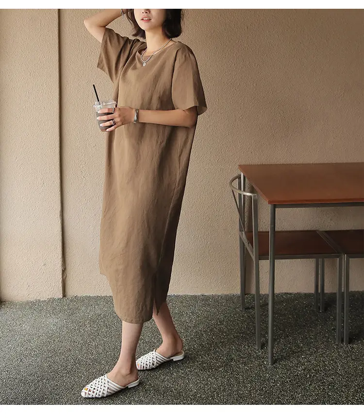 Women Cotton Linen Long Dress Pink Loose Fit Casual — feature 7