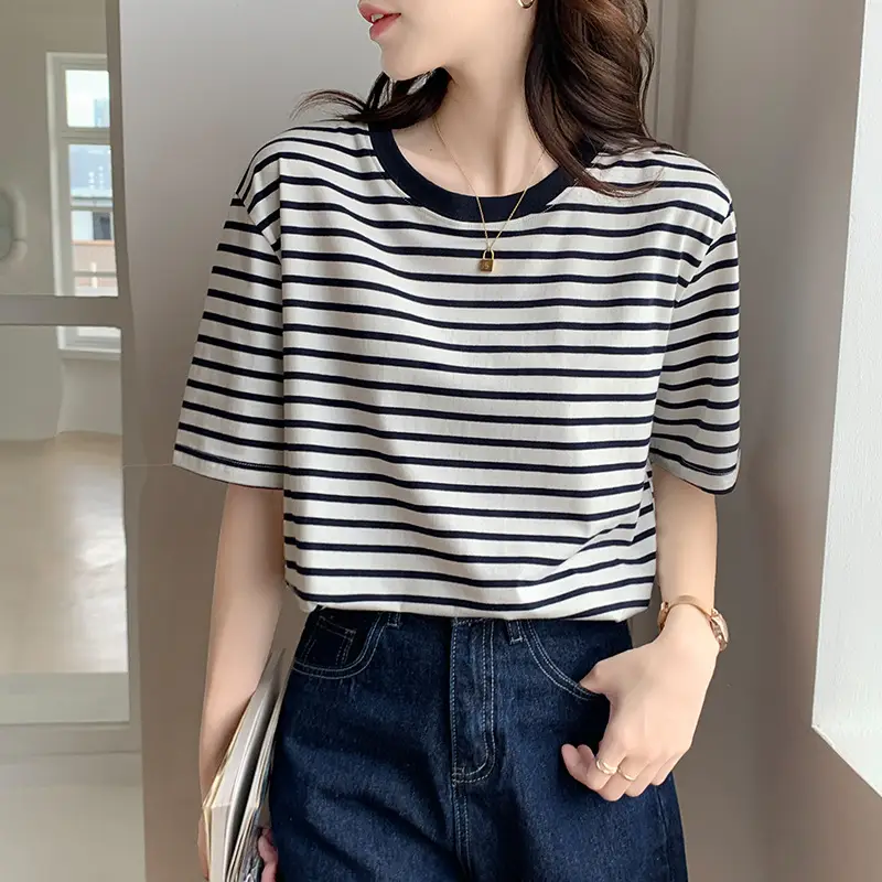 Women Striped Cotton T-Shirt Summer Loose 2026 - Image 4