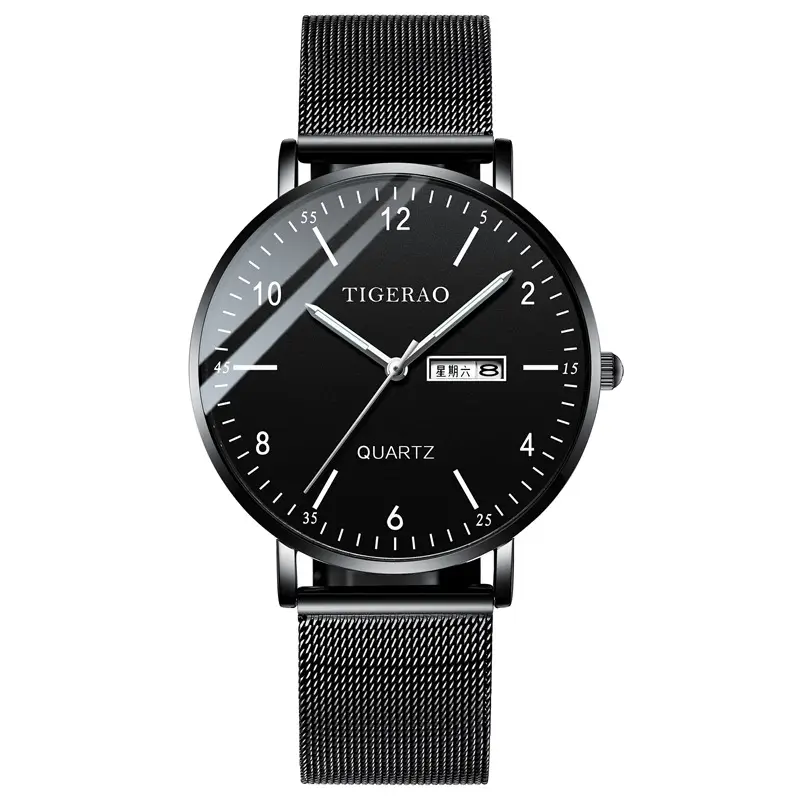 Figerao Men's Black Quartz Leather Band Watch