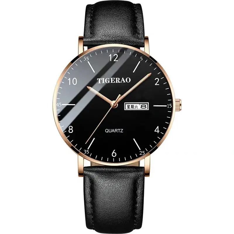 Figerao Men's Black Quartz Leather Band Watch