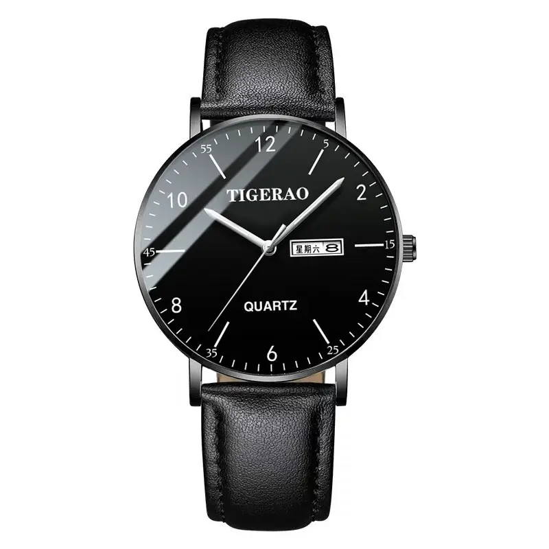 Figerao Men's Black Quartz Leather Band Watch