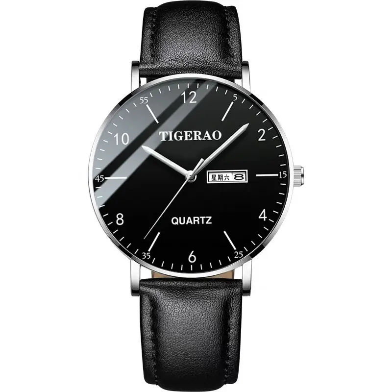 Figerao Men's Black Quartz Leather Band Watch