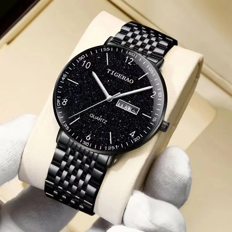 Figerao Men's Black Quartz Leather Band Watch