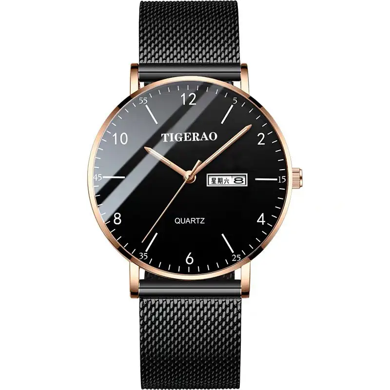Figerao Men's Black Quartz Leather Band Watch