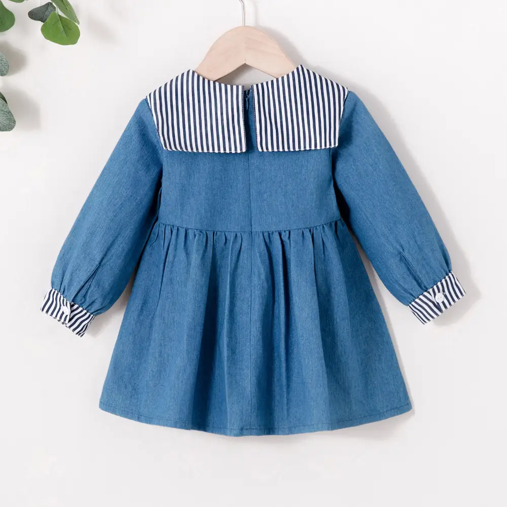 Baby Girl Striped Sailor Collar Dress Blue Denim 0-3Y - Image 2