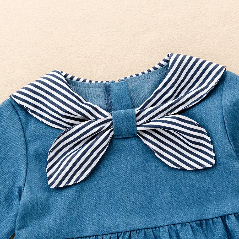 Baby Girl Striped Sailor Collar Dress Blue Denim 0-3Y - Image 3
